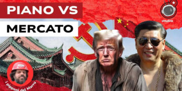 Pagoda cinese con di fianco falce e martello. Donald Trump povero e Xi Jinping ricco in primo piano