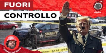 Posto di blocco della polizia USA. Donald Trump truccato e vestito come Adolf Hitler in primo piano