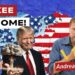 Sagoma dell'Europa a stelle e strisce. Donald Trump con un fungo atomico in mano e Andrea Zhok in primo piano