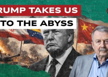 Scenario di guerra con le bandiere di Iran, Venezuela e Cina. Donald Trump e Wolfgang Streeck in primo piano