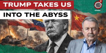 Scenario di guerra con le bandiere di Iran, Venezuela e Cina. Donald Trump e Wolfgang Streeck in primo piano