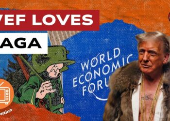 Uno Sturmtruppen davanti alla scritta del World Economic Forum. Donald Trump vestito da rapper in primo piano