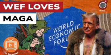 Uno Sturmtruppen davanti alla scritta del World Economic Forum. Donald Trump vestito da rapper in primo piano