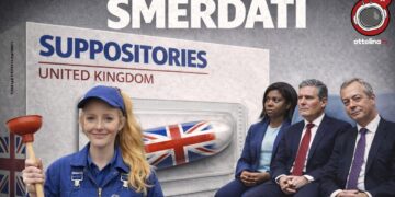 A sinistra Hannah Spencer, a destra Kemi Badenoch, Keir Starmer e Nigel Farage. Sullo sfondo, una confezione di supposte