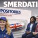 A sinistra Hannah Spencer, a destra Kemi Badenoch, Keir Starmer e Nigel Farage. Sullo sfondo, una confezione di supposte