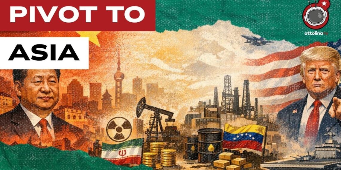A sinistra Xi Jinping, la bandiera cinese a una città cinese. A destra Donald Trump, la bandiera USA e dei pozzi petroliferi. In mezzo le bandiere di Venezuela e Iran, monete d'oro e barili di petrolio