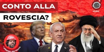 Aerei da guerra in volo. Donald Trump, Benjamin Netanhyau e l'Ayatollah Ali Khamenei in primo piano