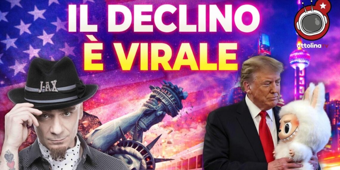 Bandiera USA con simbologie di declino a sinistra. A destra magnificenza cinese. In primo piano J-ax e Donald Trump che abbraccia un Labubu