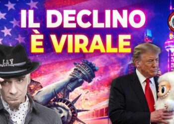 Bandiera USA con simbologie di declino a sinistra. A destra magnificenza cinese. In primo piano J-ax e Donald Trump che abbraccia un Labubu