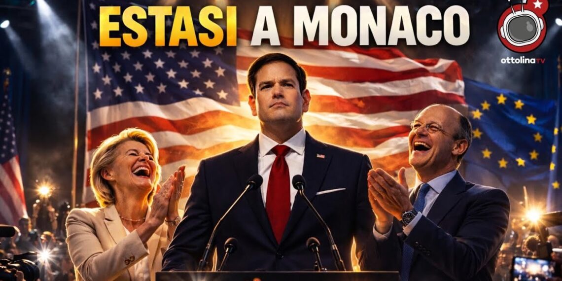 Bandiera USA sullo sfondo. Marco Rubio al centro con Ursula von der Leyen e Friedrich Merz che lo applaudono ai lati
