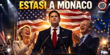 Bandiera USA sullo sfondo. Marco Rubio al centro con Ursula von der Leyen e Friedrich Merz che lo applaudono ai lati