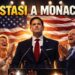Bandiera USA sullo sfondo. Marco Rubio al centro con Ursula von der Leyen e Friedrich Merz che lo applaudono ai lati