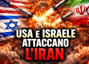 Bandiere di USA e Israele, missili e esplosioni e bandiera dell'Iran