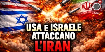 Bandiere di USA e Israele, missili e esplosioni e bandiera dell'Iran