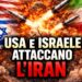 Bandiere di USA e Israele, missili e esplosioni e bandiera dell'Iran