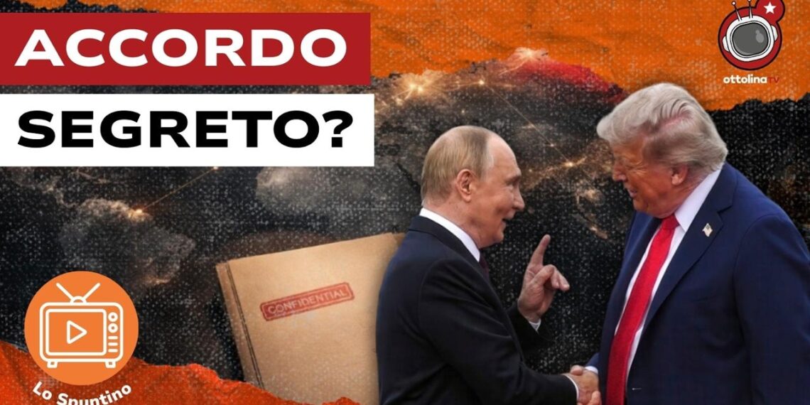 Cartelletta con la scritta confidential. Vladimir Putin e Donald Trump si stringono la mano in primo piano