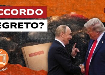 Cartelletta con la scritta confidential. Vladimir Putin e Donald Trump si stringono la mano in primo piano