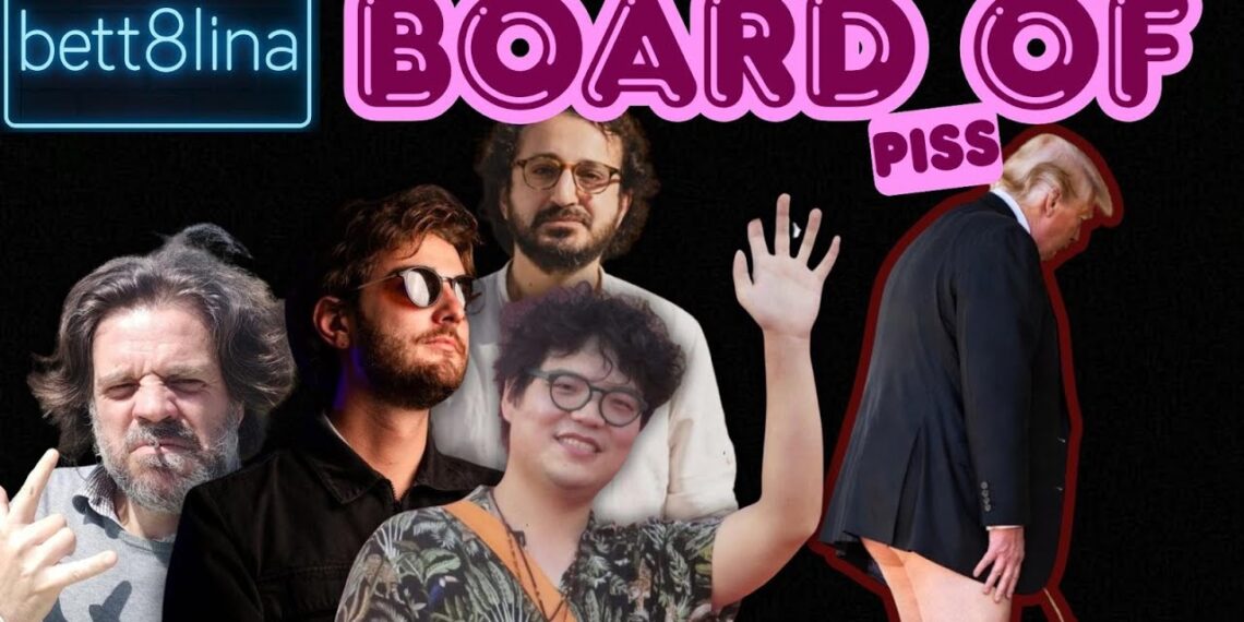 Copertina di Bett8lina con Giuliano Marrucci, Karem from Haifa, Tony da Milano e Davide Jin a sinistra e Donald Trump in giacca senza pantaloni intento a fare pipì a destra