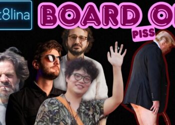 Copertina di Bett8lina con Giuliano Marrucci, Karem from Haifa, Tony da Milano e Davide Jin a sinistra e Donald Trump in giacca senza pantaloni intento a fare pipì a destra