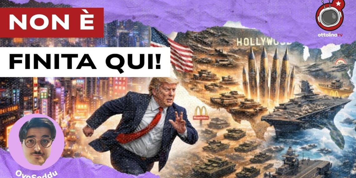 Disegno di Donald Trump che fugge da una città cinese a sinistra e di un set hollywoodiano pieno di armi da guerra a destra