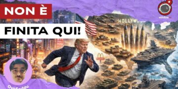 Disegno di Donald Trump che fugge da una città cinese a sinistra e di un set hollywoodiano pieno di armi da guerra a destra