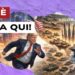 Disegno di Donald Trump che fugge da una città cinese a sinistra e di un set hollywoodiano pieno di armi da guerra a destra