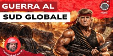 Impianto petrolifero con condutture che sversano greggio. Donald Trump vestito da Rambo in primo piano