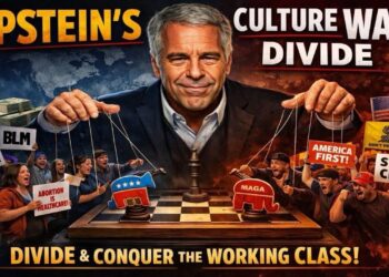 Jeffrey Epstein burattinaio che muove su una scacchiera i fili che rappresentano i MAGA e i fautori dei diritti civili