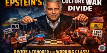 Jeffrey Epstein burattinaio che muove su una scacchiera i fili che rappresentano i MAGA e i fautori dei diritti civili