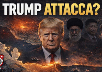 Mappa notturna del Medio Oriente con Ali Khamenei, Xi Jinping e Vladimir Putin sullo sfondo e Donald Trump in primo piano