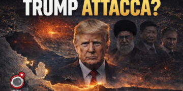 Mappa notturna del Medio Oriente con Ali Khamenei, Xi Jinping e Vladimir Putin sullo sfondo e Donald Trump in primo piano
