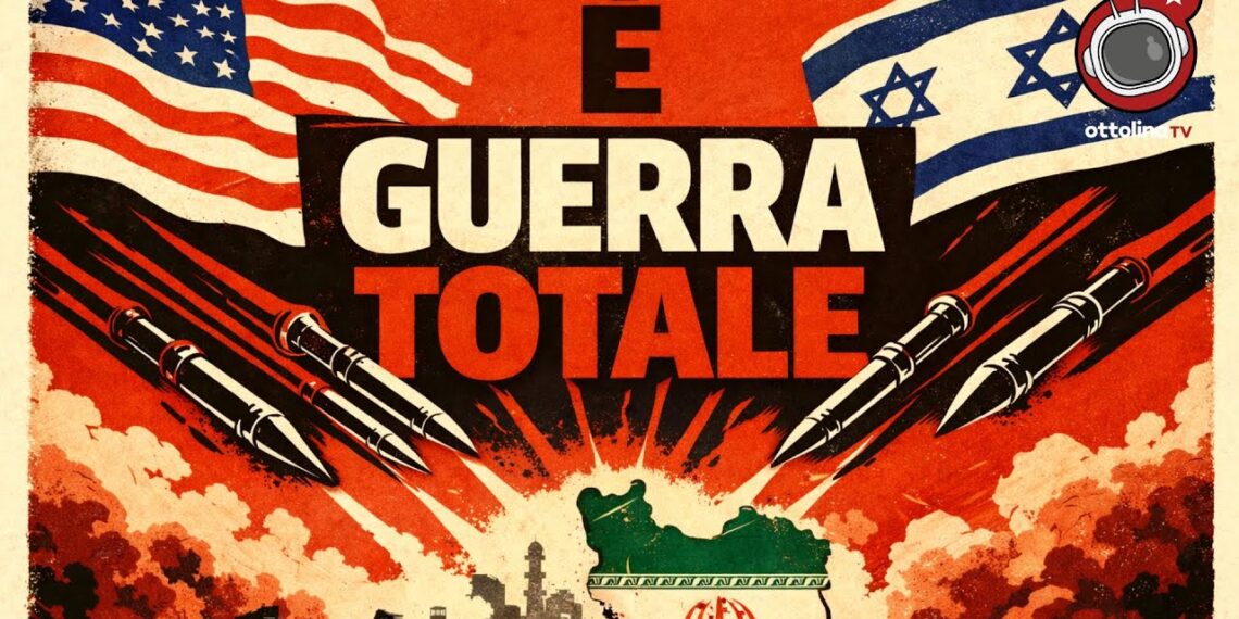 Missili che partono da bandiere USA e israeliana si dirigono sulla bandiera dell'Iran