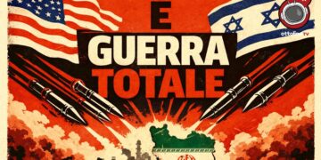Missili che partono da bandiere USA e israeliana si dirigono sulla bandiera dell'Iran
