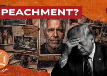 Muro con appese foto di ragazze e in mezzo la foto di Jeffrey Epstein. Donald Trump affranto in primo piano