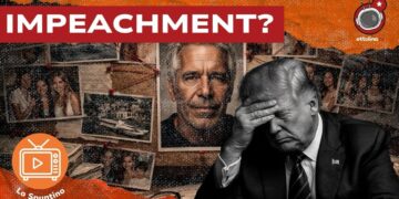 Muro con appese foto di ragazze e in mezzo la foto di Jeffrey Epstein. Donald Trump affranto in primo piano