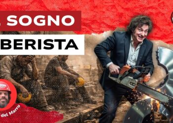 Operai stanchissimi. Javier Milei taglia un otto d'acciaio con la motosega in primo piano
