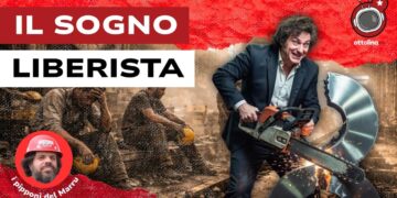 Operai stanchissimi. Javier Milei taglia un otto d'acciaio con la motosega in primo piano