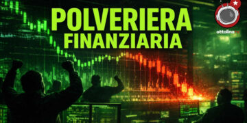 Operatori a braccia alzate davanti a un tabellone con gli indici di borsa