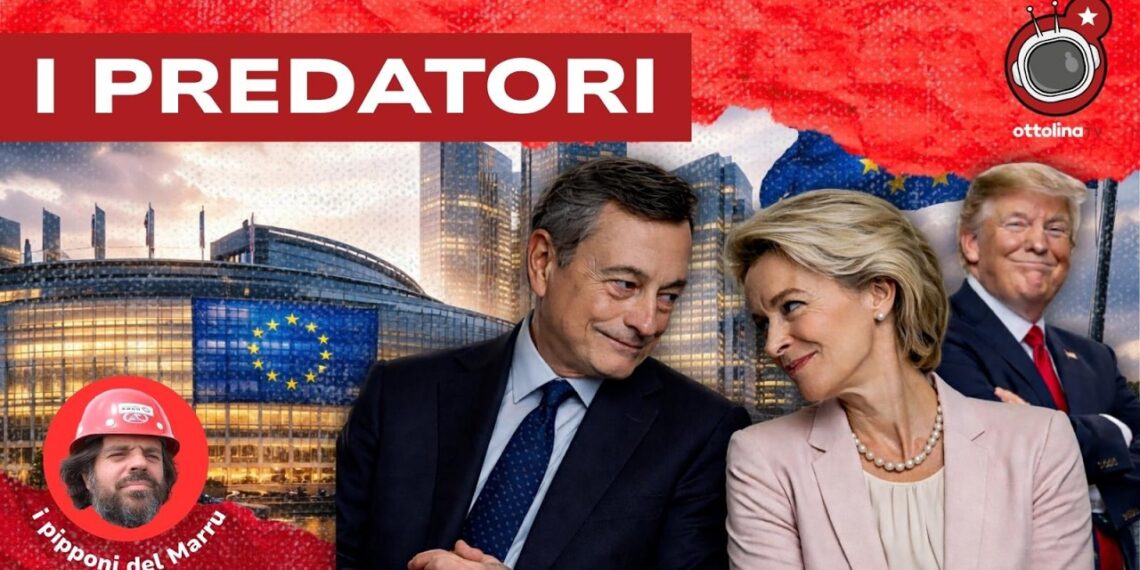 Palazzo del Parlamento europeo. Mario Draghi, Ursula von der Leyen e Donald Trump in primo piano