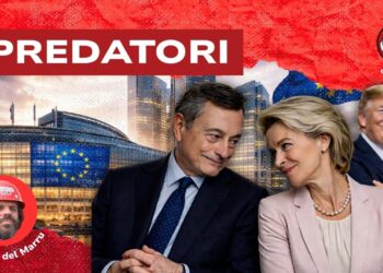 Palazzo del Parlamento europeo. Mario Draghi, Ursula von der Leyen e Donald Trump in primo piano