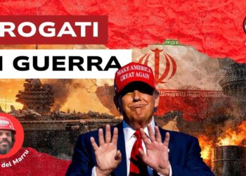 Portaerei USA e bandiera dell'Iran. Donald Trump con il berretto MAGA in primo piano