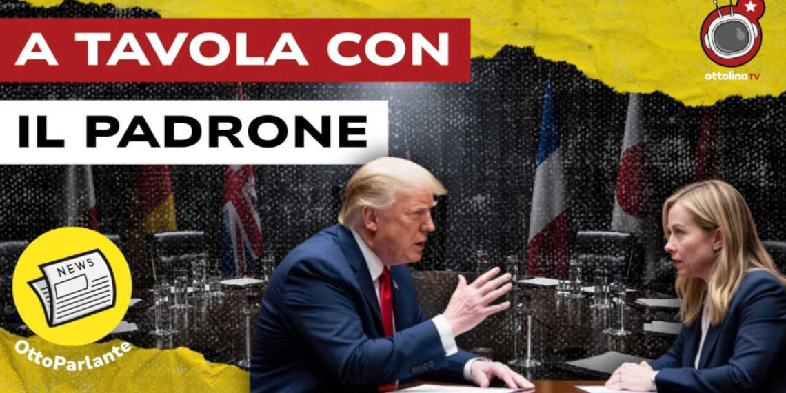 Sala della Conferenza di Monaco. Donald Trump e Giorgia Meloni parlano seduti al tavolo in primo piano