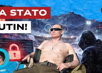 Scenario delle Olimpiadi invernali. Vladimir Putin su una sdraio a petto nudo prende il sole con un hacker al suo fianco in primo piano