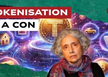 Sfondo astratto con al centro una moneta token. Radhika Desai in primo piano