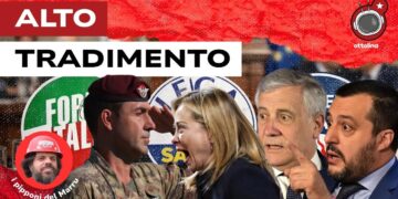 Simboli di partiti italiani coperti dai loro esponenti. Roberto Vannacci, Giorgia Meloni, Antonio Tajani e Matteo Salvini in primo piano