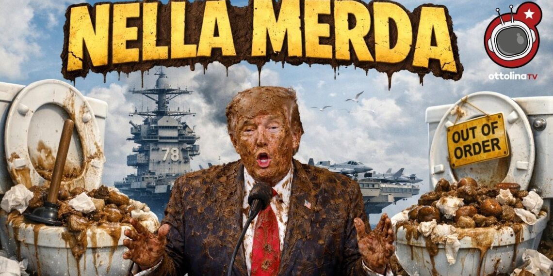 Sullo sfondo la portaerei USS Gerald Ford. Ai lati due gabinetti pieni di feci. Donald Trump sporco di feci in primo piano