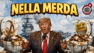 Sullo sfondo la portaerei USS Gerald Ford. Ai lati due gabinetti pieni di feci. Donald Trump sporco di feci in primo piano