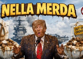 Sullo sfondo la portaerei USS Gerald Ford. Ai lati due gabinetti pieni di feci. Donald Trump sporco di feci in primo piano