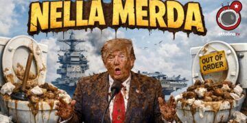 Sullo sfondo la portaerei USS Gerald Ford. Ai lati due gabinetti pieni di feci. Donald Trump sporco di feci in primo piano