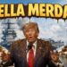 Sullo sfondo la portaerei USS Gerald Ford. Ai lati due gabinetti pieni di feci. Donald Trump sporco di feci in primo piano